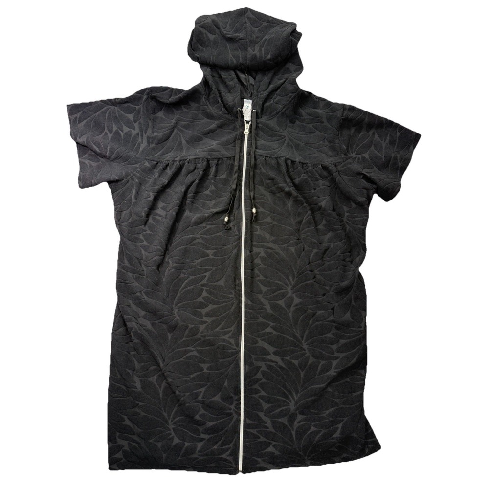 Cover 2 Cover Hooded Zip Swim Cover Up Dress Black Floral Terry Textured 22/24